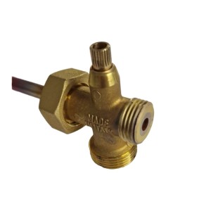 Goldener Messing Sensorabzweig Kombi mit Handentlüfter, langer Lanze und 19,05 mm Anschluss für Warmwasserspeicher.