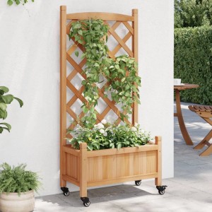 Brauner vidaXL Pflanzkübel mit Rankgitter und Rollen aus Tannenholz für Garten und Terrasse.