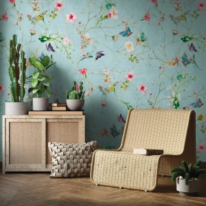 Fototapete Blumen in Türkis, Grün, Rosa und Blau. Florales Design für Wohnräume.