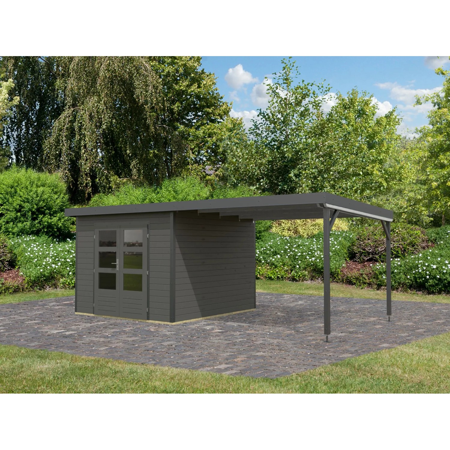 Karibu Gartenhaus Set Domingo B in Terragrau-Anthrazit mit Anbaudach (7 m²).