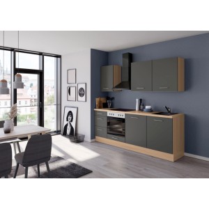 Moderne Küchenzeile 230 cm in Grafit mit Eiche-Nachbildung, E-Geräten und Soft-Close-Funktion. Vormontierte Einbauküche.