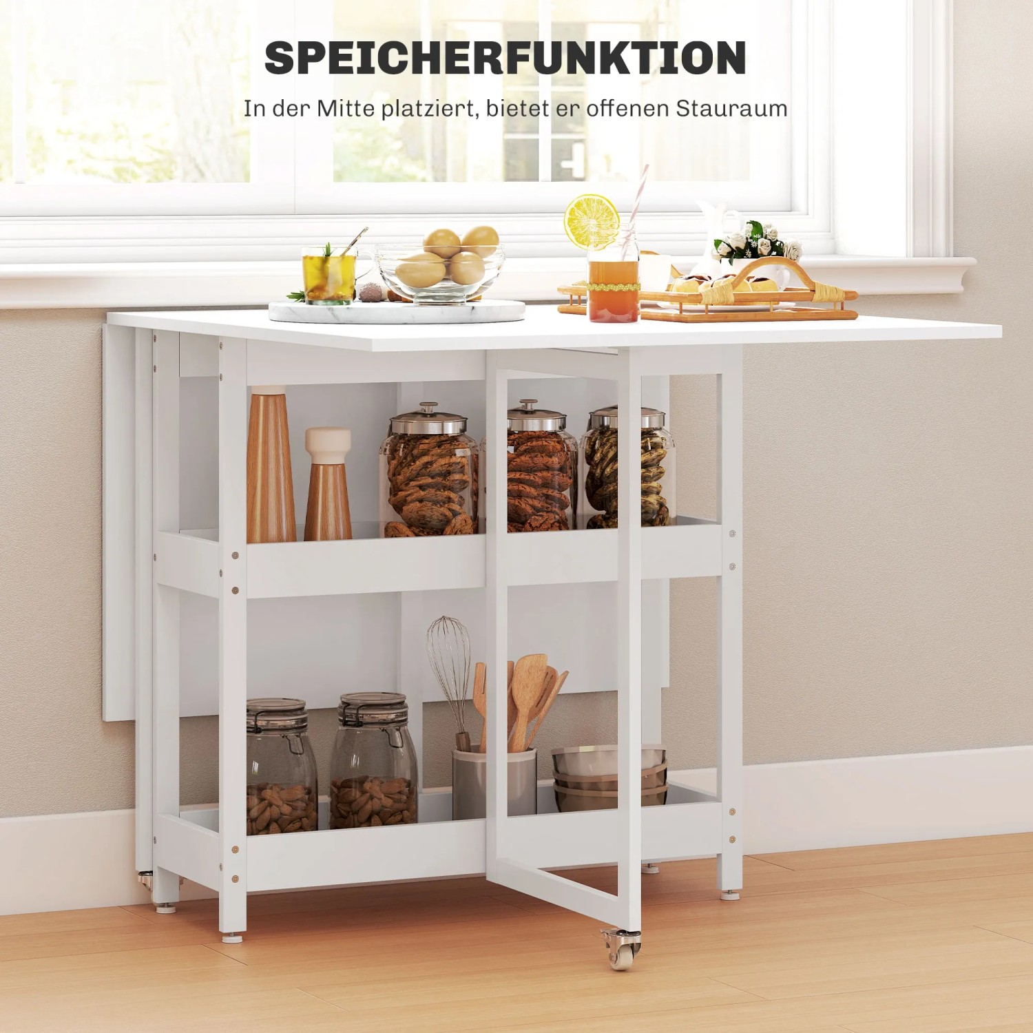 HOMCOM Esstisch, weiß, mit ausklappbaren Platten und Stauraum. Ideal für kleine Räume.