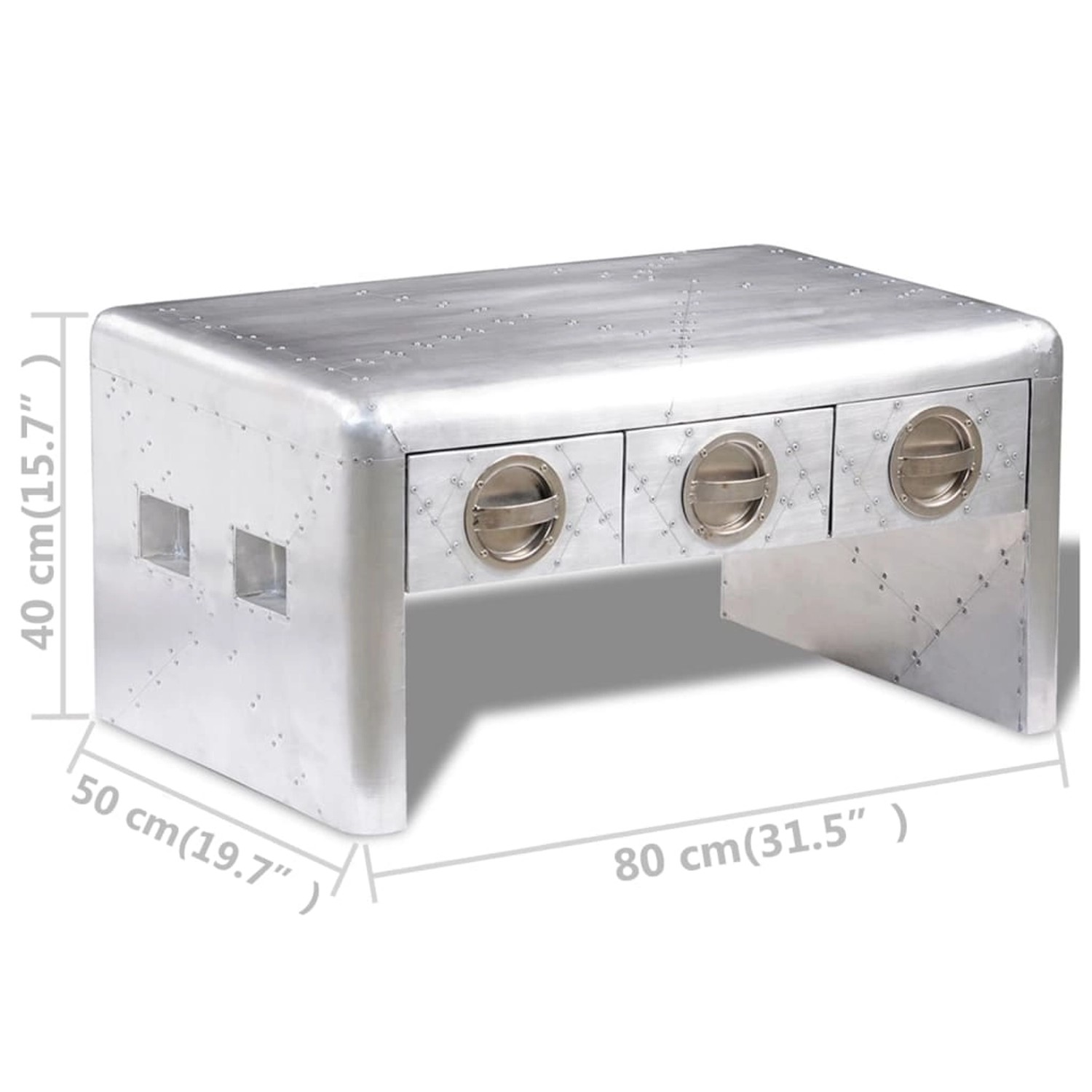 Silberner Couchtisch im Vintage Flugzeug-Stil mit 3 Schubladen. Wohnzimmertisch aus Aluminium und Holz.