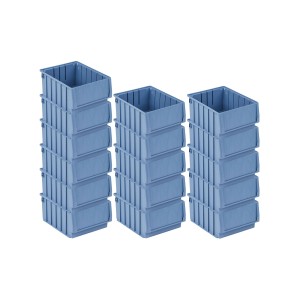 SuperSparSet: 16 blaue Regalkästen (7,1 Liter) mit Etikett und Schutzhaube, ideal für Werkstatt und Lager.