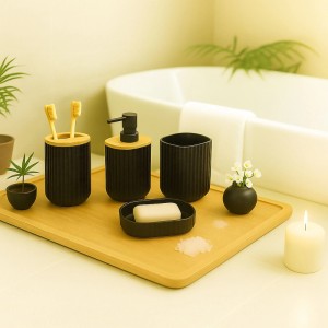 Relaxdays Badezimmer Set Kunststoff Bambus Schwarz mit 6 Teilen