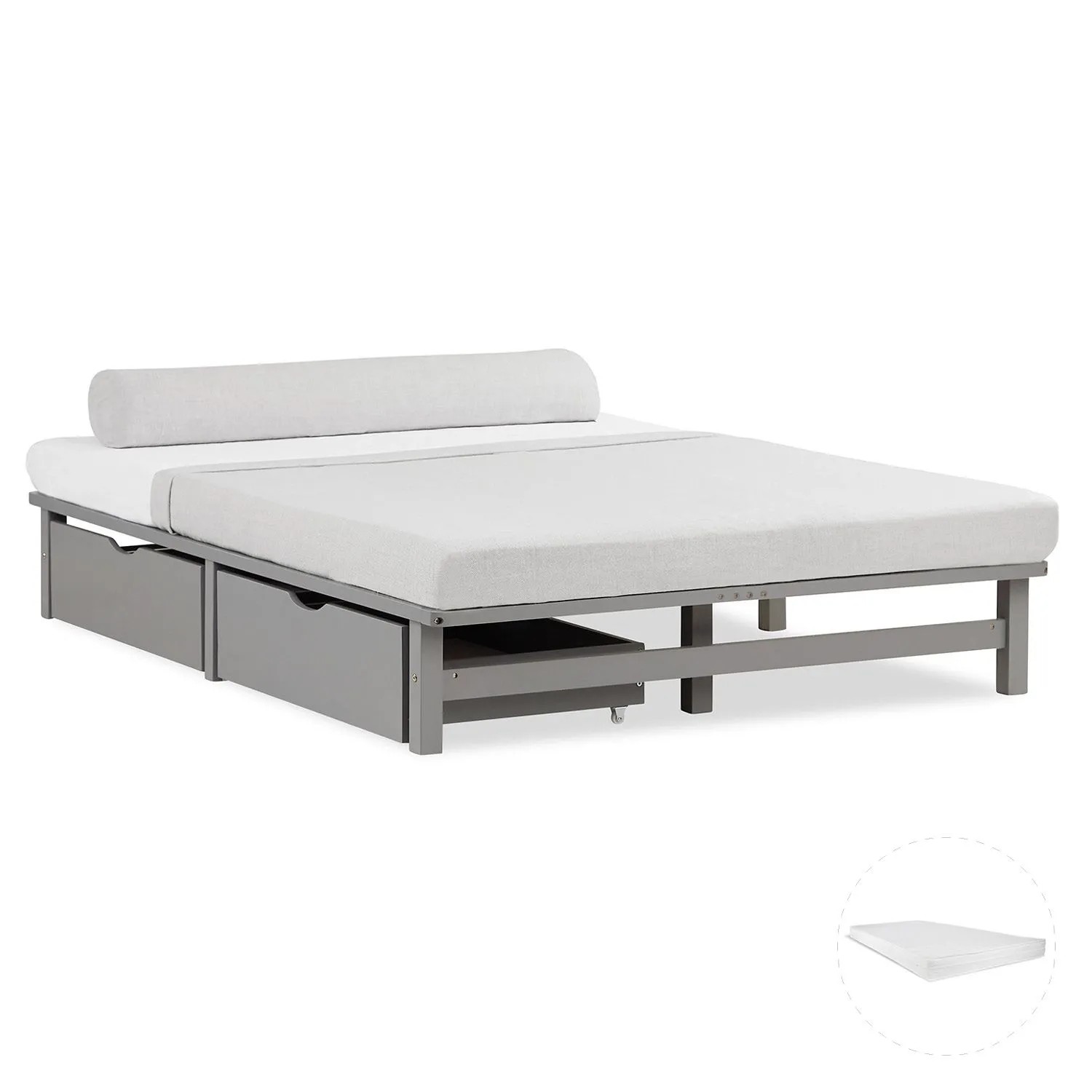 Homestyle4u Holzbett Jugendbett Palettenbett 140x200 mit Matratze 2 Bettkästen Grau 3044