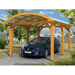 Skan Holz Carport Franken mit Bogendach, Eiche hell, mit Auto. Einzelcarport mit Doppelstegplatten.