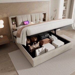 Beiges Polsterbett 180x200 mit aufklappbarem Stauraum, USB C und kabelloser Ladefunktion im Kopfteil.