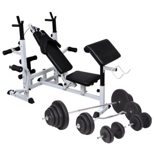 vidaXL Hantelbank mit Ablage und Langhantel und Kurzhantel-Set 120 kg 275378
