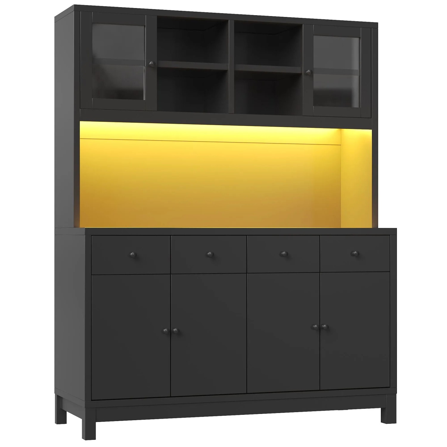 Merax Hochbuffetschrank 140x38.5x180cm  RGB-LED  Glastüren  4 Schubladen Schwarz
