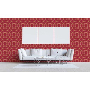 Wohnraum mit roter Barock Tapete Alessia mit goldenen Ornamenten von Tadessi.