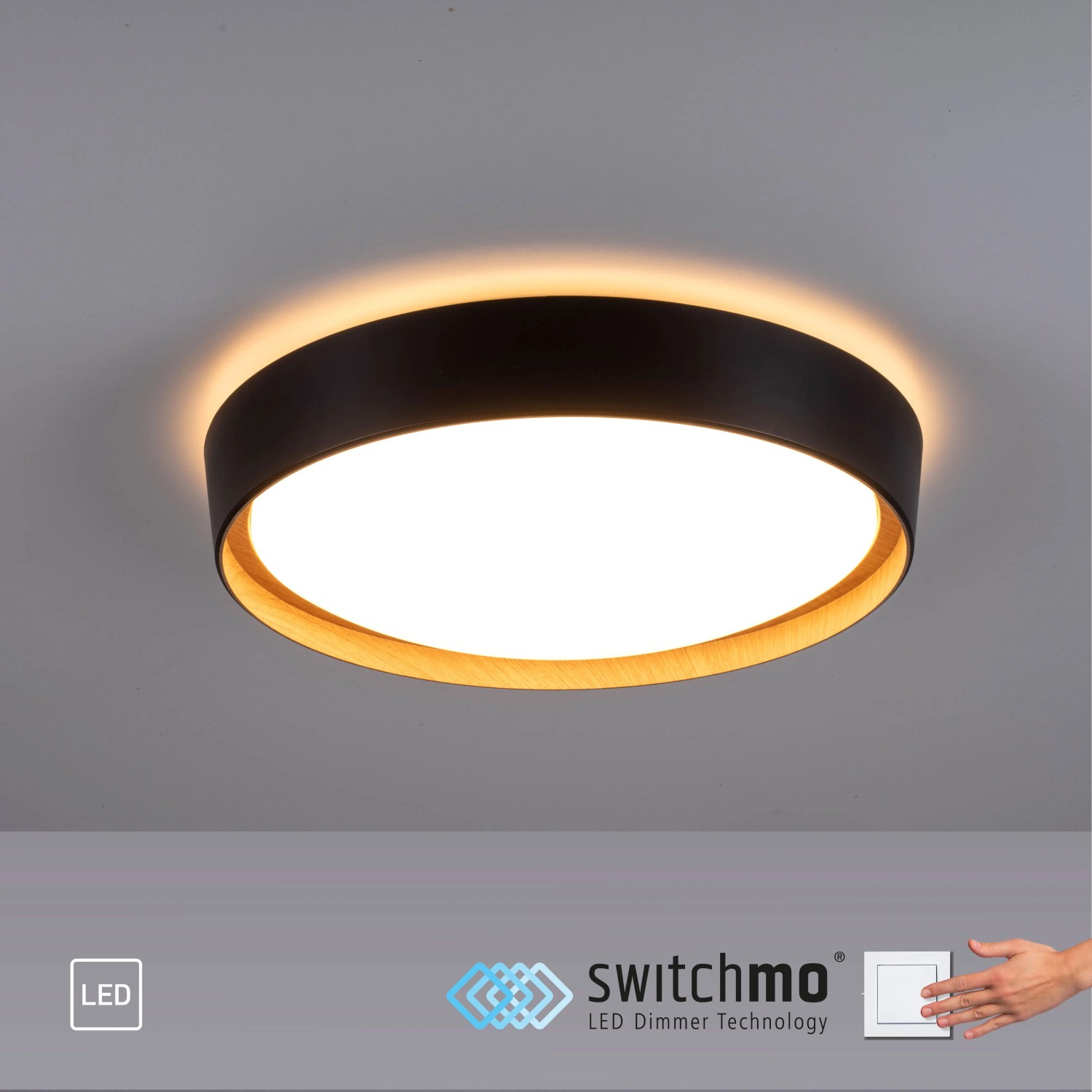 Moderne, dimmbare LED-Deckenleuchte Emilia, Ø 40 cm, in Schwarz mit Holzdekor für Wohnräume.