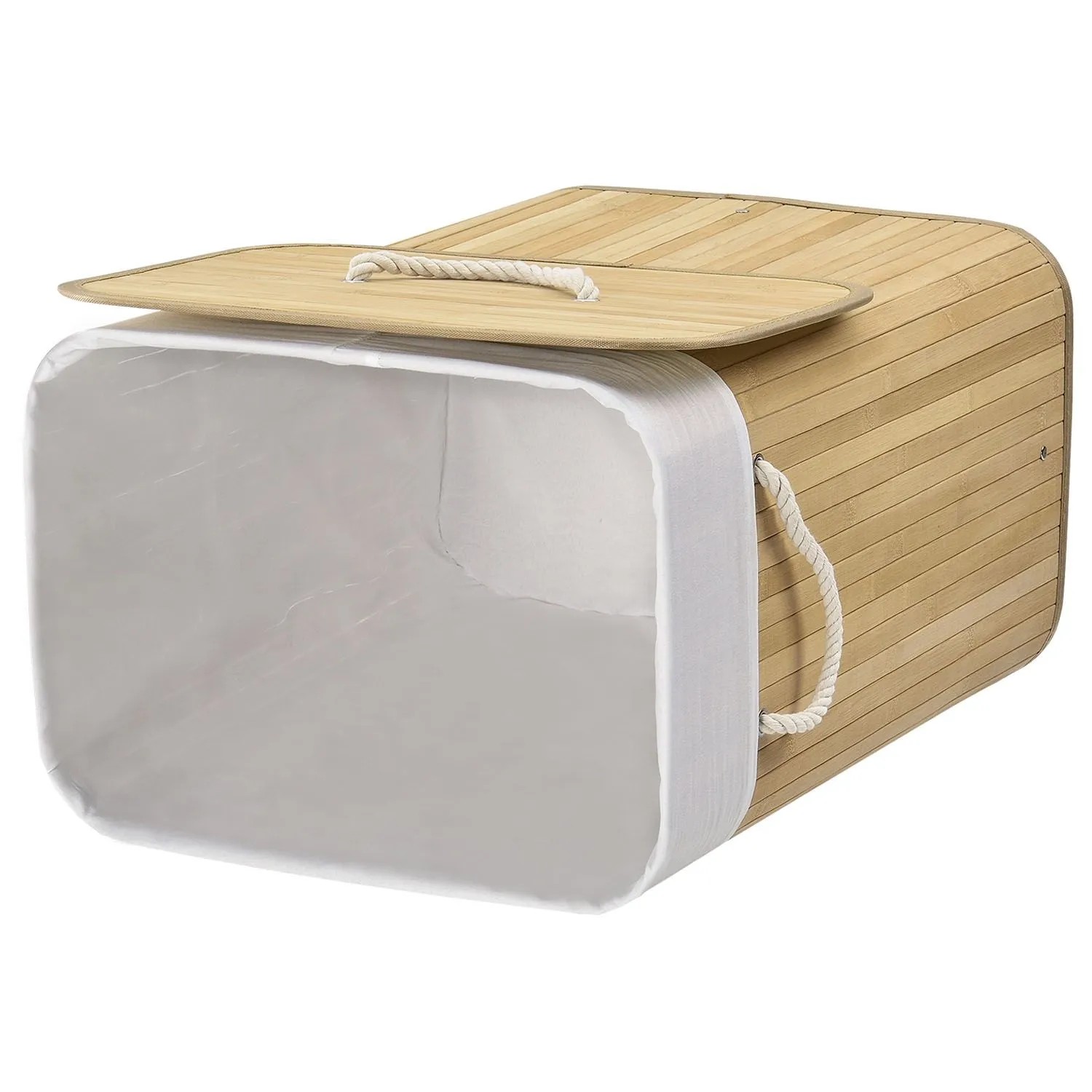 Bambus Wäschekorb (72L) mit Deckel, Wäschesack und Tragegriffen. Naturfarbenes Design für Bad oder Schlafzimmer.