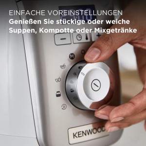Hand bedient Drehregler am Kenwood Standmixer Blend-X Compact. Digitalanzeige und Symbole für Suppen, Saucen, Mixgetränke.