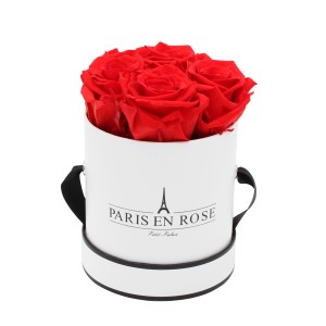 Rosenbox mit 4 roten Rosen in weiß-schwarzer Box (Ø 10cm).