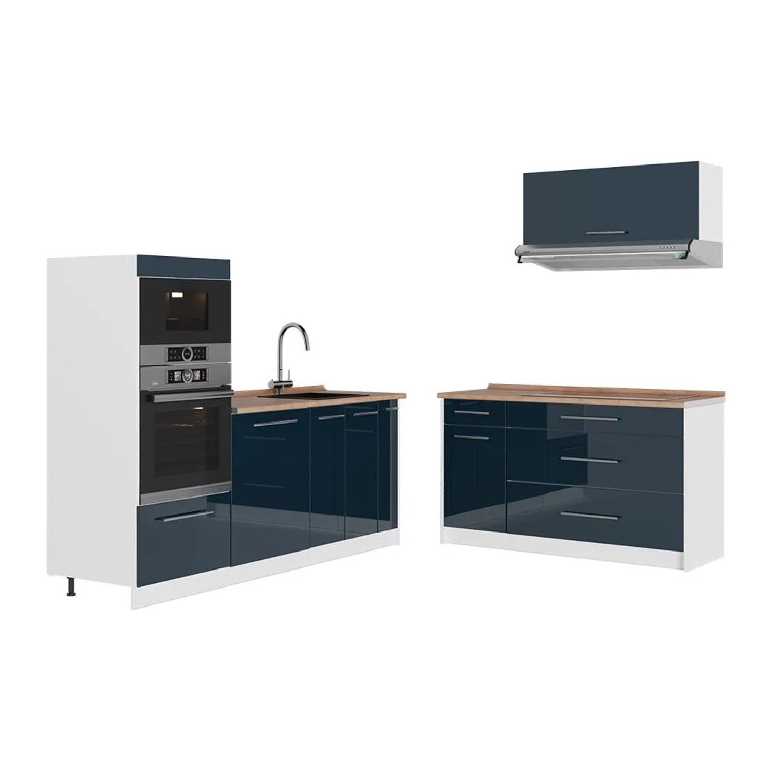 Vicco Küchenzeile Fame-Line Dunkelblau Hochglanz/Weiß 340 x 154 AP Eiche Art Nr 63935