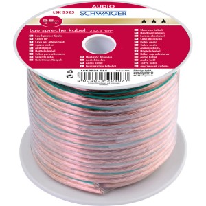 Schwaiger Lautsprecherkabel (25m) auf Spule, transparent mit grüner Kennungslinie.