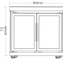 Skizze: MyOutdoorKitchen Modul-Kühlschrank mit 2 Türen, Edelstahl, Maße und Rollen für Outdoorküche.