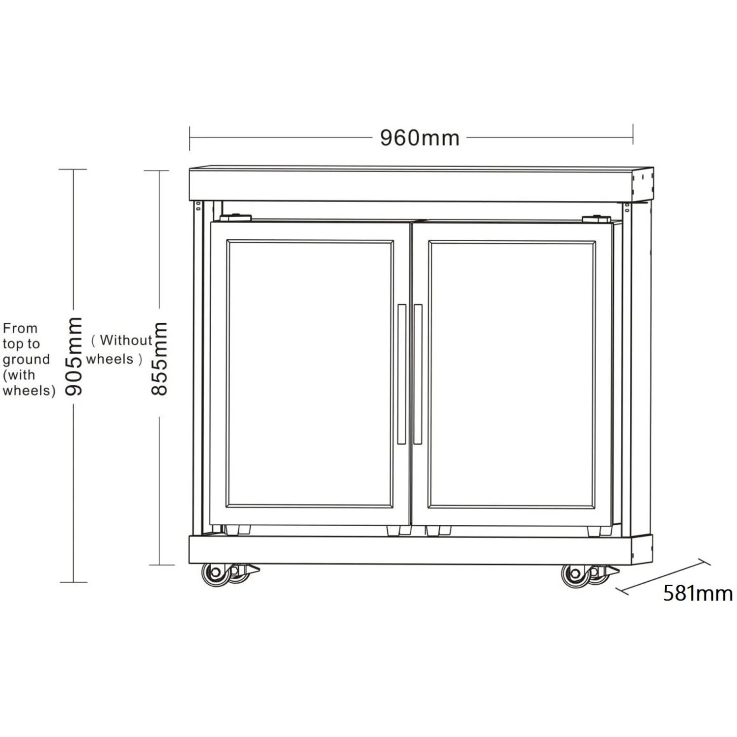 Skizze: MyOutdoorKitchen Modul-Kühlschrank mit 2 Türen, Edelstahl, Maße und Rollen für Outdoorküche.