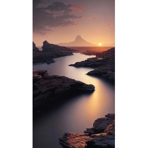 Orange Landschaft Tapete: Flusslandschaft mit Berg im Sonnenuntergang.