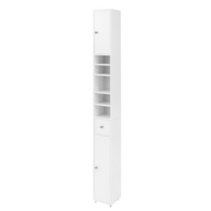 Weißer SoBuy Badezimmerschrank mit 5 Fächern, Schublade und Tür. Badmöbel-Set aus MDF.