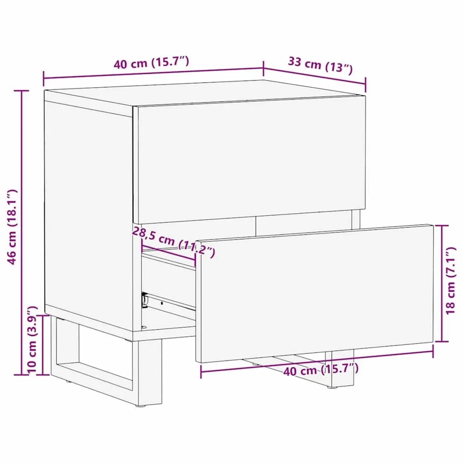 Maßzeichnung des Nachttischs mit 2 Schubladen. Eine Schublade ist geöffnet. Maße: 40x33,5x46 cm.