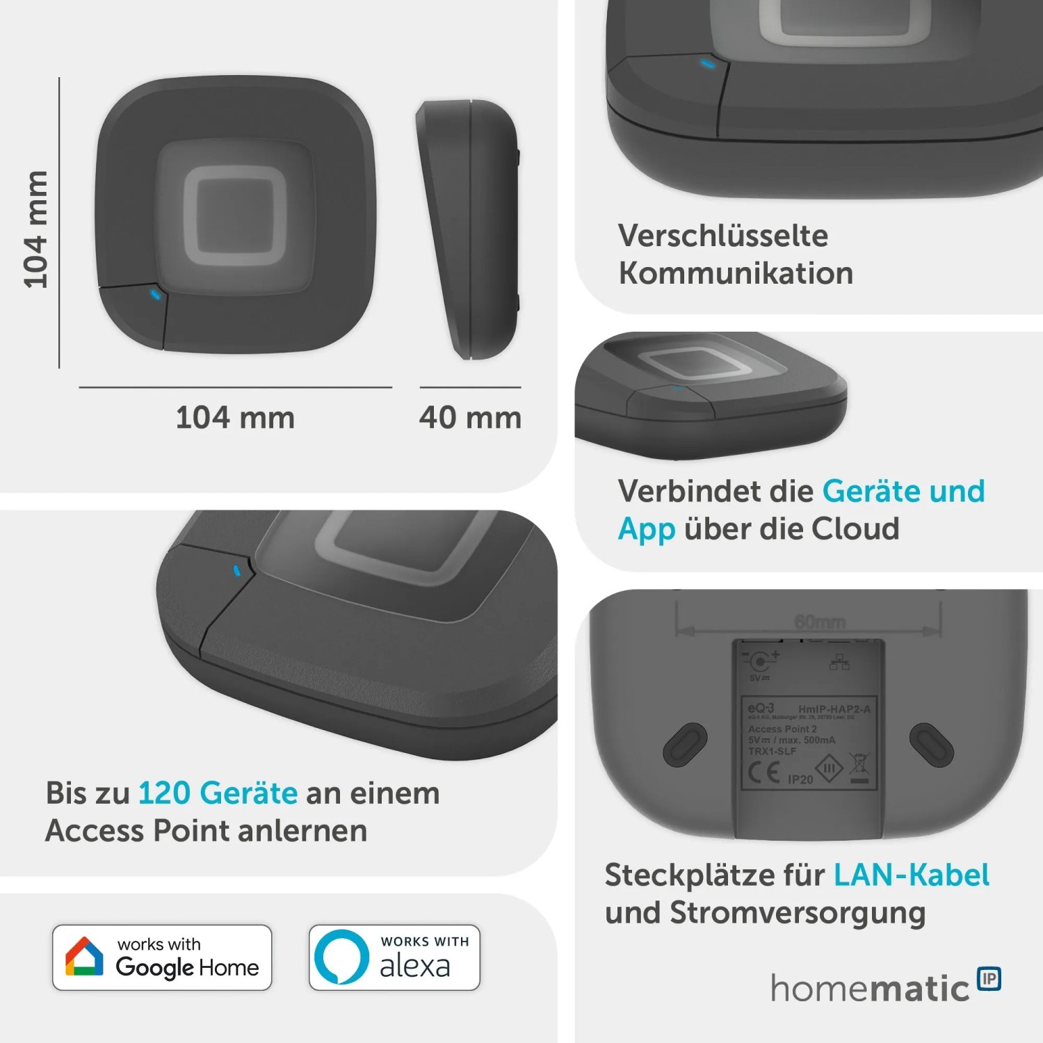 HmIP Access Point 2 in Anthrazit, Detailansichten und Maßangaben. Zentrale für Hausautomation.