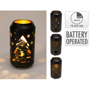 Dekorative, batteriebetriebene Laterne in Schwarz mit weihnachtlichen Motiven und Timerfunktion.