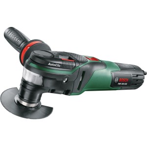 Bosch PMF 350 CES Multifunktionswerkzeug mit Sägeblatt und Zusatzhandgriff.