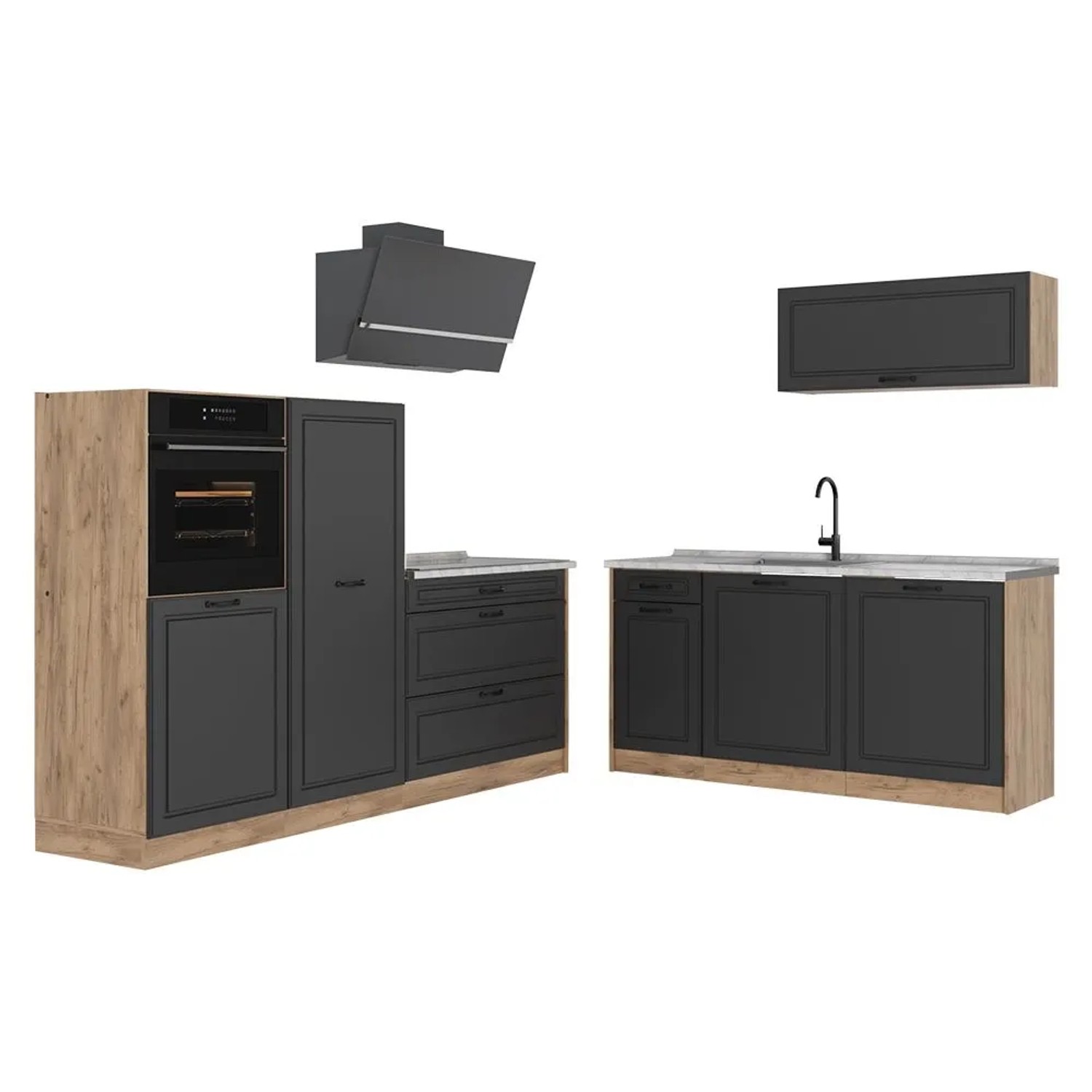Vicco Küchenzeile R-Line Anthrazit Landhaus/Goldkraft Eiche 220 x 143 Arbeitsplatte Marmor Art Nr 67852