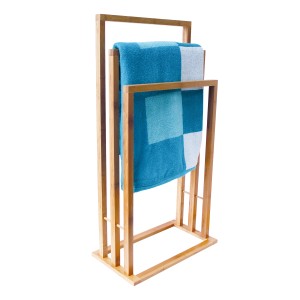 MSV Handtuchständer aus Bambus mit 3 Stangen und blauem Handtuch.
