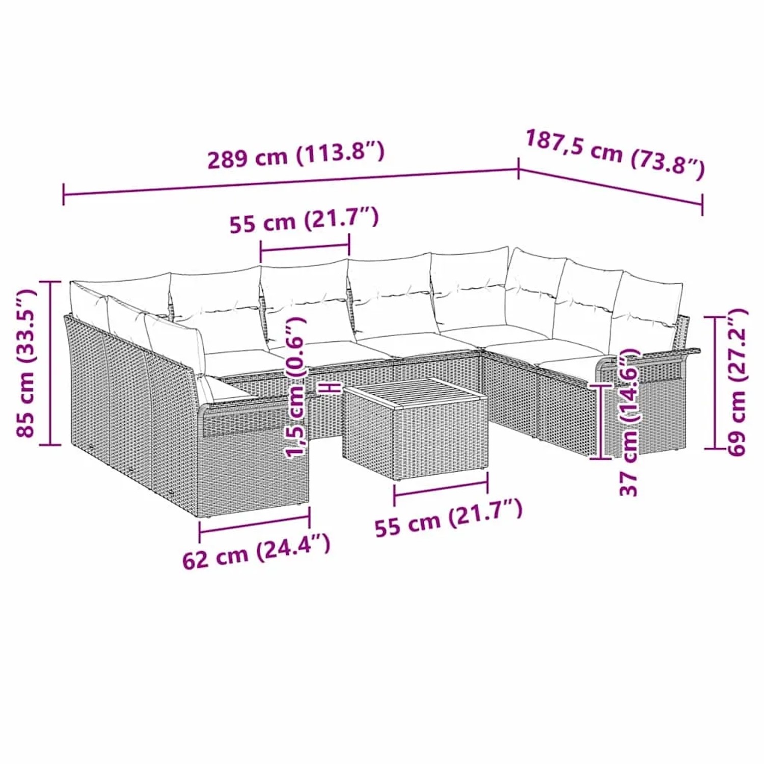 Schwarzes 10-teiliges Garten-Sofa-Set aus Poly Rattan von vidaXL. Modulares Design mit Tisch und Stauraum.