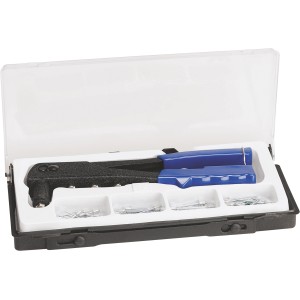 Nietzangen-Set im Koffer: Nietzange mit blauen Griffen und Nieten in praktischer Aufbewahrungsbox.