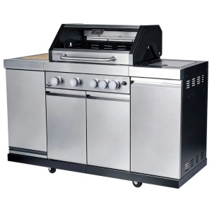 El Fuego Gasgrillküche Augusta mit Seitenbrenner, Eisfach und Sichtfenster. Grill aus Edelstahl mit vier Rollen.