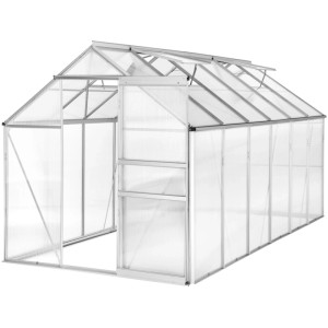 Transparentes Tectake Gewächshaus mit Aluminiumrahmen, Schiebetür und Dachfenstern.