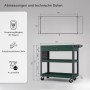 Technisches Diagramm des JAN NOWAK Werkstattwagens FRED, flaschengrün, mit Maßen, 3 Ablagen, Schublade, Lochwand, 185 kg.