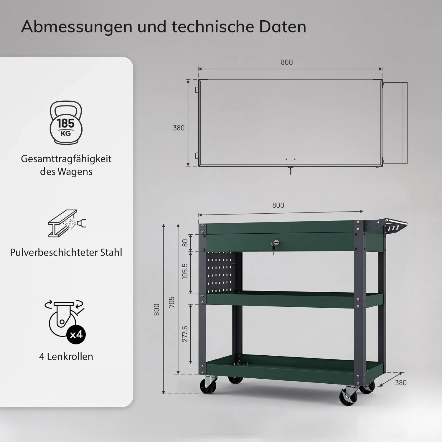Technisches Diagramm des JAN NOWAK Werkstattwagens FRED, flaschengrün, mit Maßen, 3 Ablagen, Schublade, Lochwand, 185 kg.