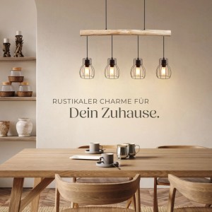 Tectake Pendelleuchte Woody, 4-flammig, im Industrial Style über Esstisch. Holz und Stahl in Schwarz/Braun.