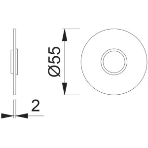 Technische Zeichnung: Hoppe Griffrosette, rund, Edelstahl, selbstklebend, Maße Ø55mm, 2mm dick.