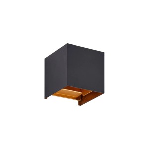 Moderne Lindby LED Außenwandleuchte Nivar in Schwarz/Gold, würfelförmig, spritzwassergeschützt.