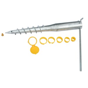 Floracord Erdanker-Set für Sonnensegel: Schraubanker, Teleskopmast-Zubehör und gelbe Einsätze.