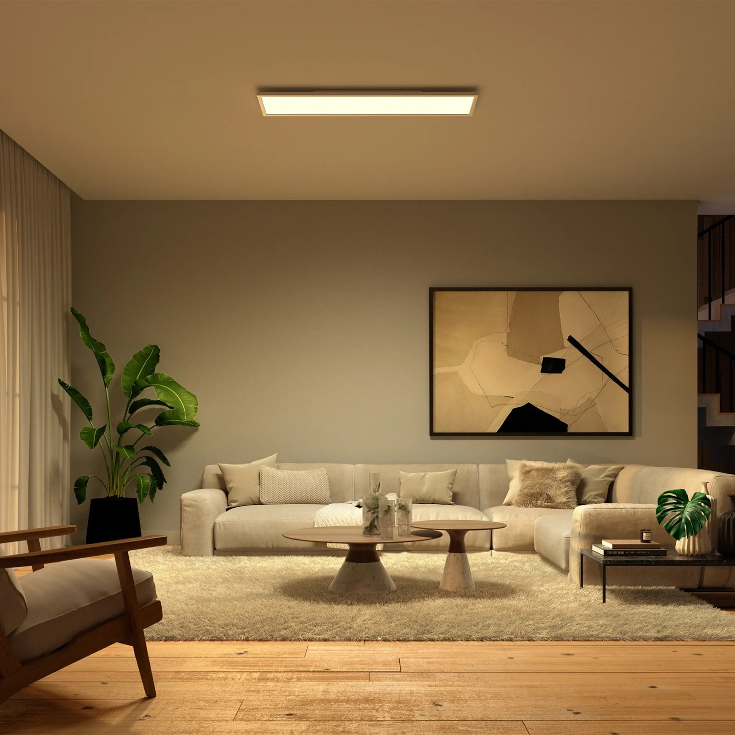 Philips Hue Surimu LED-Panel, 120x30 cm, RGBW, in Wohnraum integriert.