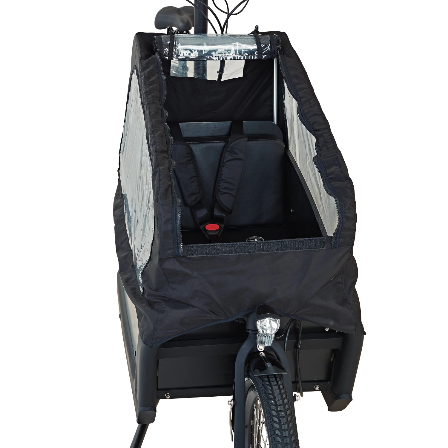 Prophete E-Bike Cargo Plus Lastenrad, schwarze Transportbox mit Regenschutz und Sicherheitsgurt.