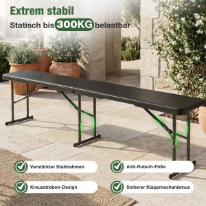 Schwarze Sekey Klappbank, 180cm, 300kg belastbar, mit Stahlrahmen auf Terrasse. Robuste Gartenbank.