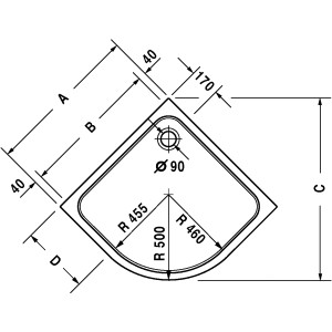 Technische Zeichnung der Duravit D-Code Viertelkreis-Duschwanne, 90x90 cm, mit Maßangaben.