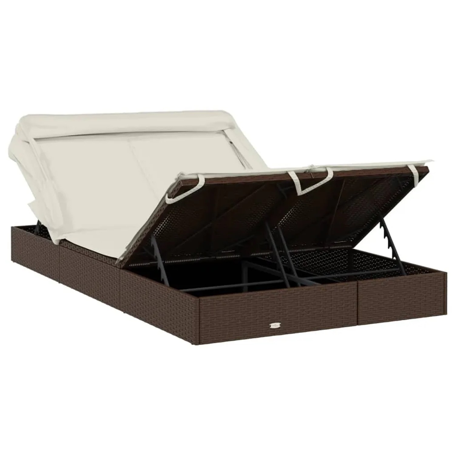 Braune 2-Personen-Sonnenliege mit Dach aus Poly Rattan, Liegefläche verstellbar.
