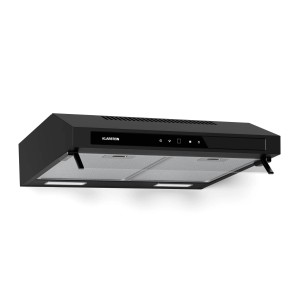 Schwarze Klarstein Purista Force Dunstabzugshaube mit LED-Touchpanel und Doppelmotortechnologie.