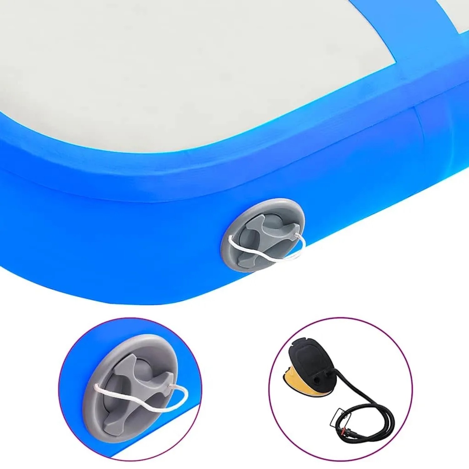 Blaue aufblasbare Gymnastikmatte aus PVC mit Ventil und der passenden Pumpe. Ideal für Sport & Fitness.