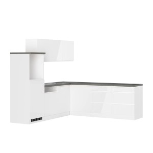 Moderne Held Winkelküche Gera in Weiß/Beton, 240 cm breit, ohne Elektrogeräte.