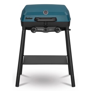 Enders Camping-Gasgrill Explorer II Pro: Kompakter Gasgrill mit blauem Deckel und schwarzen Beinen.
